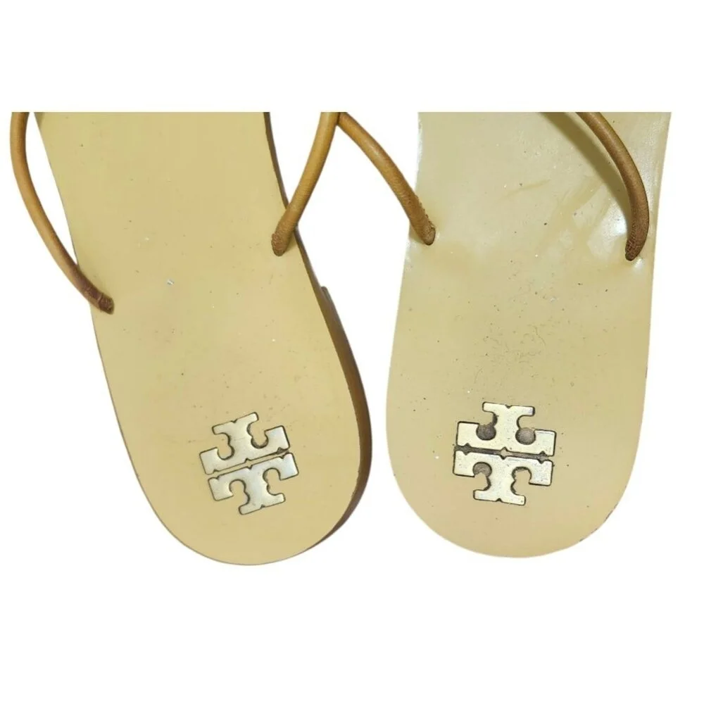 Tory Burch Women Leather Thong Sandals Gold Logo Beads Tan Flat Flip Flop Sze10M